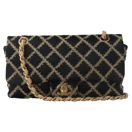 Chanel Wild Stitch Medium Black Silk Flap Bag Gold Hardware, 2009 For Sale