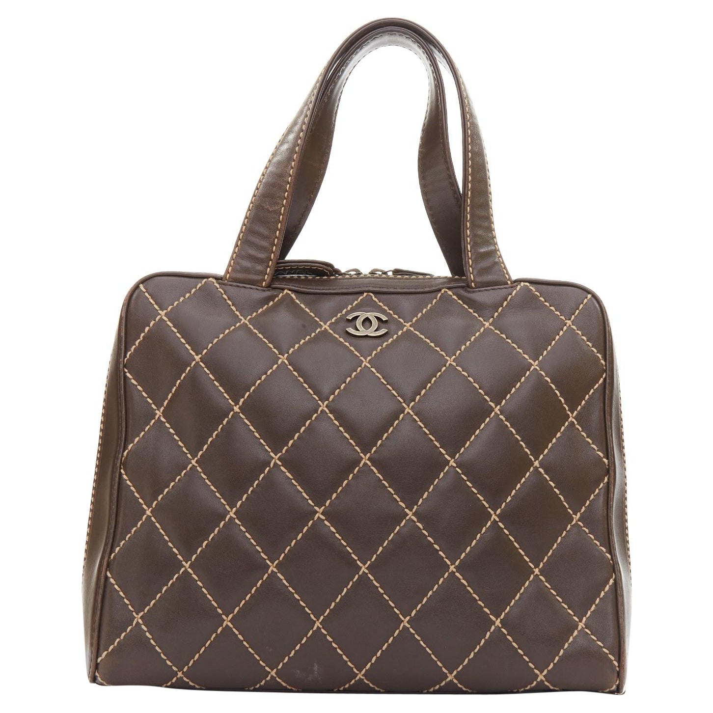 CHANEL Wild Stitch Surpique brown lambskin leather matelasse bowler bag