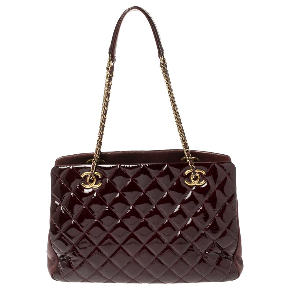 Chanel Wine Red Quilted Patent Leather Large CC Eyelet Tote