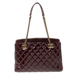 Chanel Wine Red Quilted Patent Leather Large CC Eyelet Tote