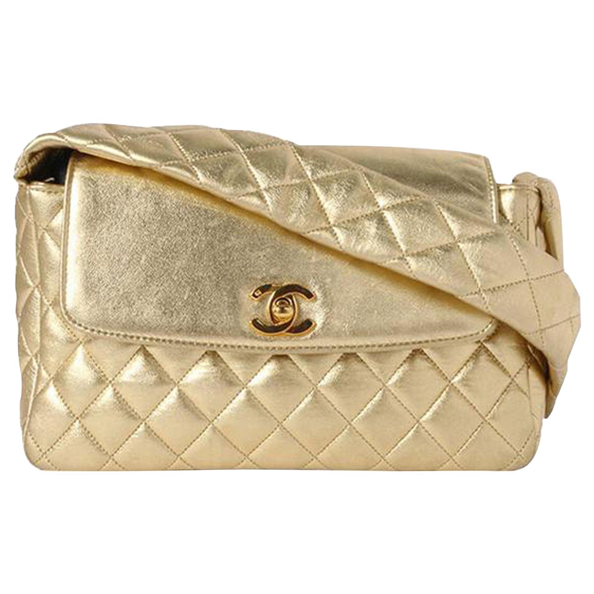 Chanel 1994 Top Handle Rare Limited Edition Quilted Flap Gold Metallic Bag