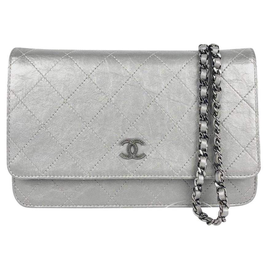 Chanel WOC Silver Grey Gray Aged Calfskin Wallet On Chain