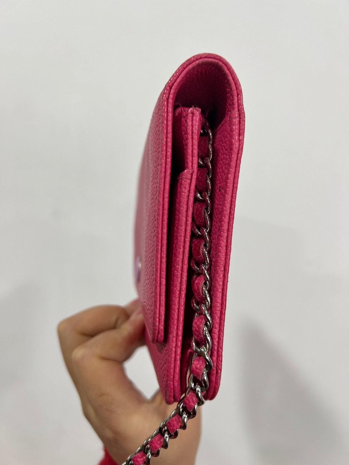 Women's Chanel WOC Wallet on Chain Fuchsia Caviar Leather with Enamel Logo For Sale