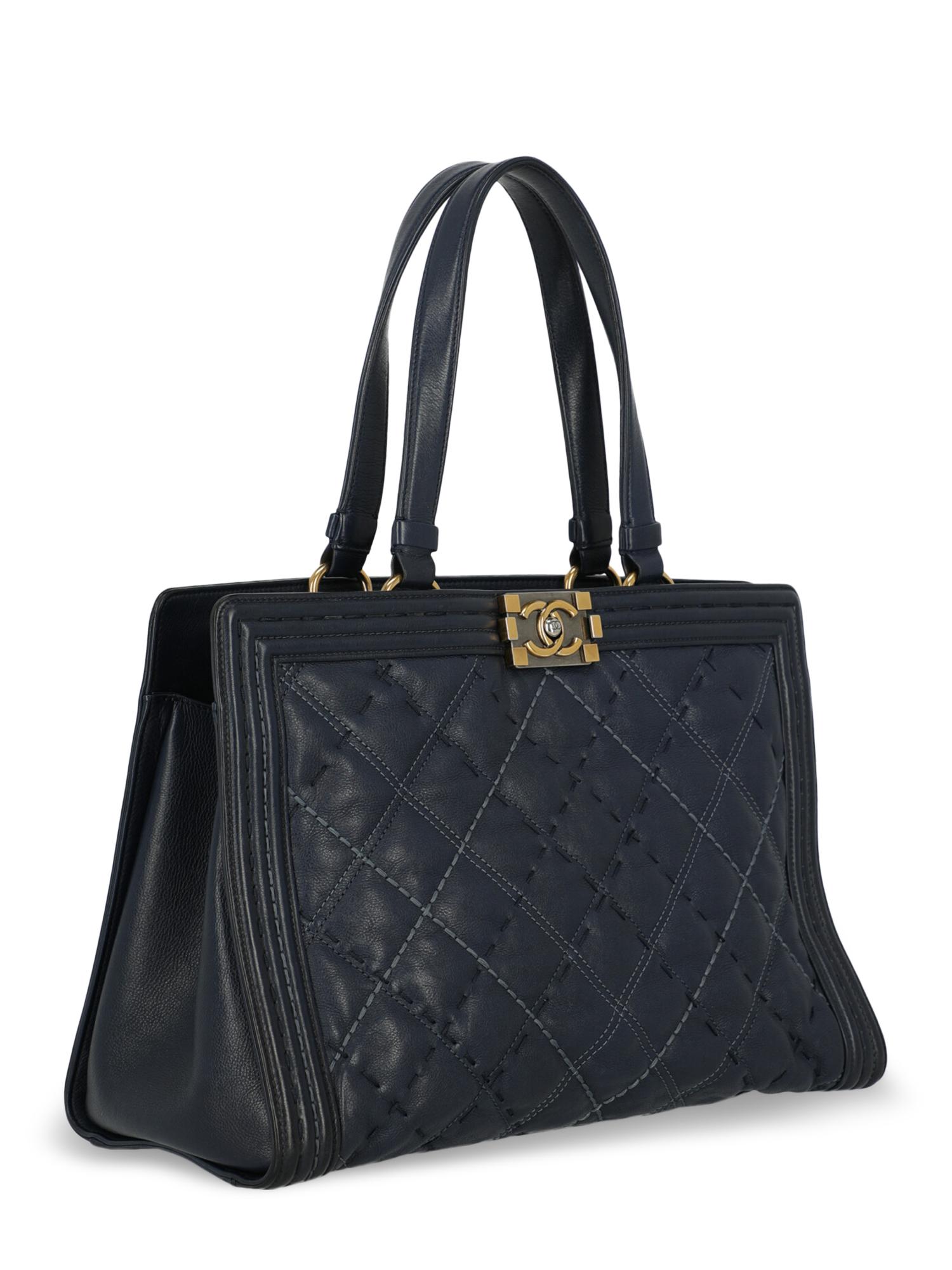 Black Chanel Woman Boy Tote Navy  For Sale