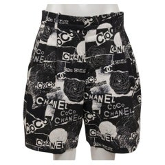 Chanel Women Camelia Floral CC Logo Shorts IT42 US10 Black White Silk Cotton