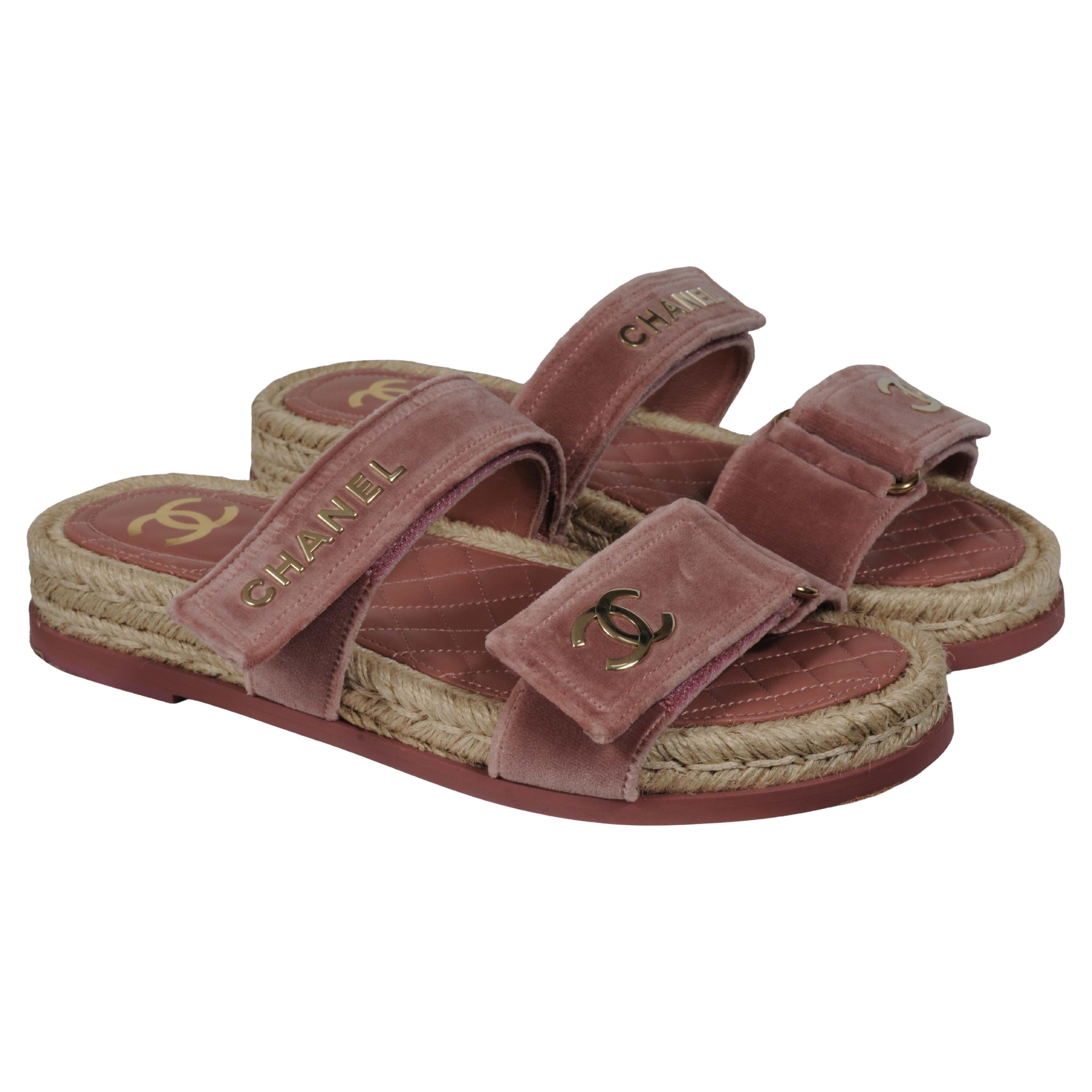 Chanel Donna CC Logo Espadrille Mules Sandali Taglia US 10 EU 40 Velluto Rosa Malva