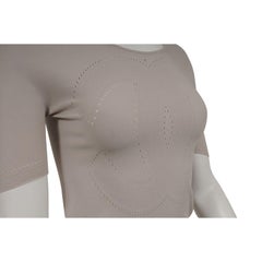 Chanel Women CC Logo Top Size Medium Beige Tan Perforated Short Sleeve T Shirt