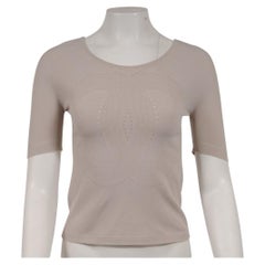 Chanel Women CC Logo Top Size Medium Beige Tan Perforated Short Sleeve T Shirt