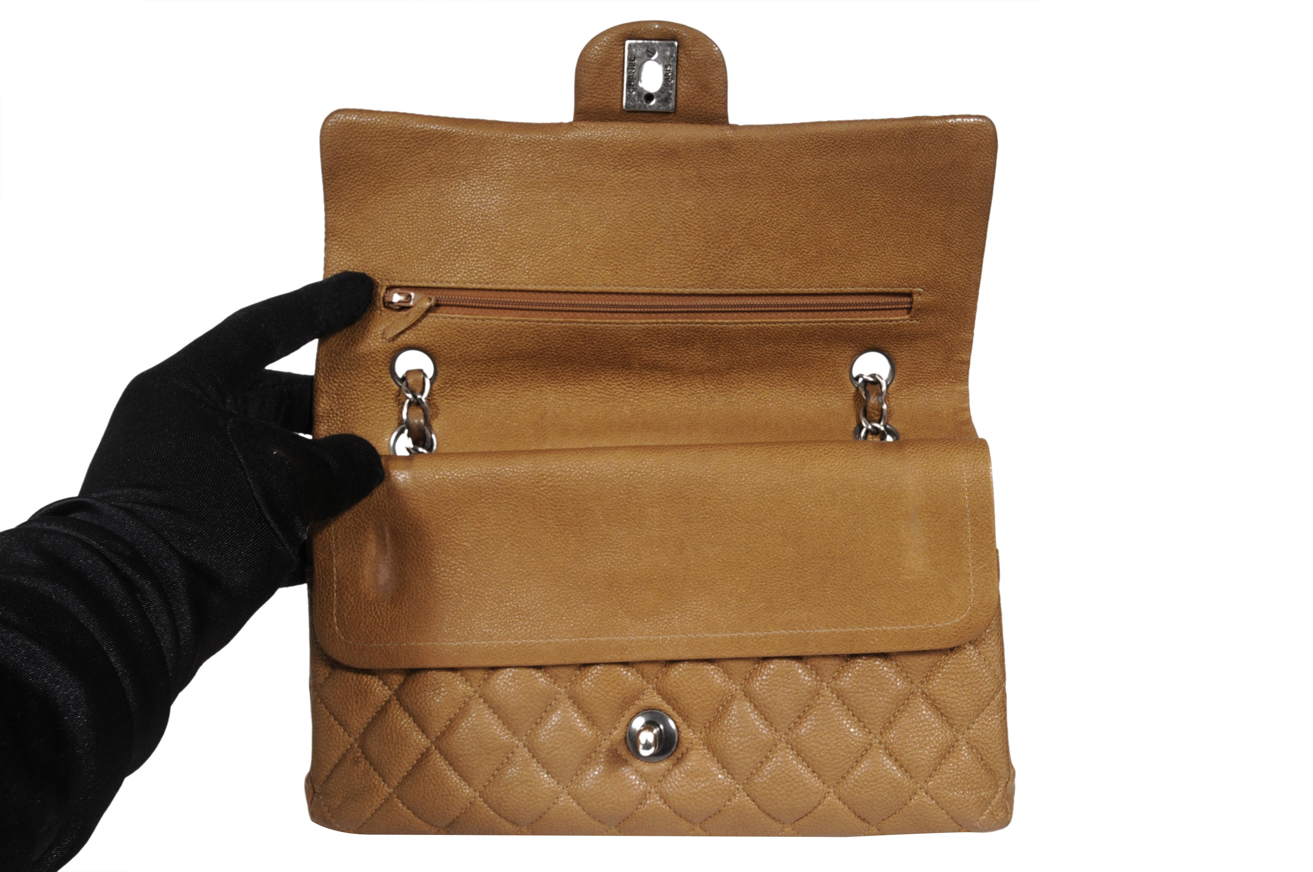 Chanel Women Medium Double Flap Quilted Cav Brown Gold Tan Leather Bag Silver 14