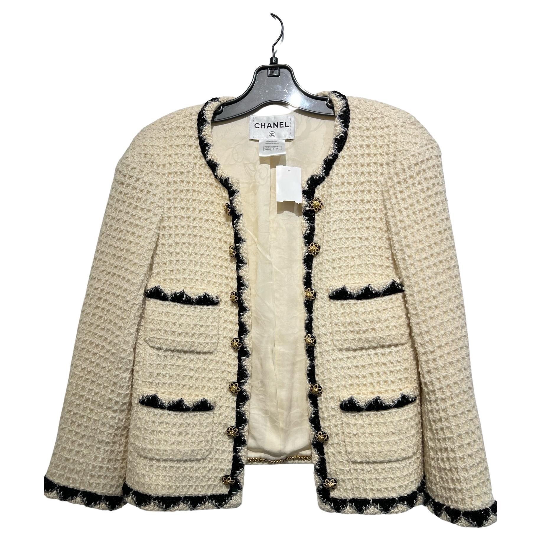 Chanel Women´s Jacket Cream With Black Trim Buttons With Gold Flowers at  1stDibs