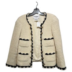 Chanel Women´s Jacket Cream With Black Trim Buttons With Gold Flowers