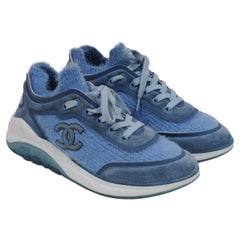 Used Chanel Women Sport Sprint Sneakers Size 38 US 8 Blue Cashmere Low Top Trainers