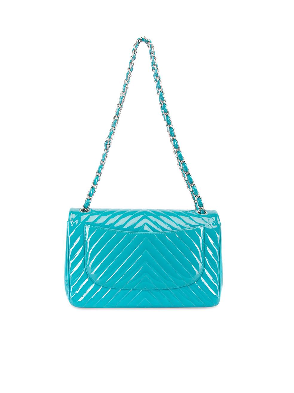 Chanel Women's 2015-16 Turquoise Chevron Patent Classic Jumbo Double Flap Bag In Excellent Condition In London, GB