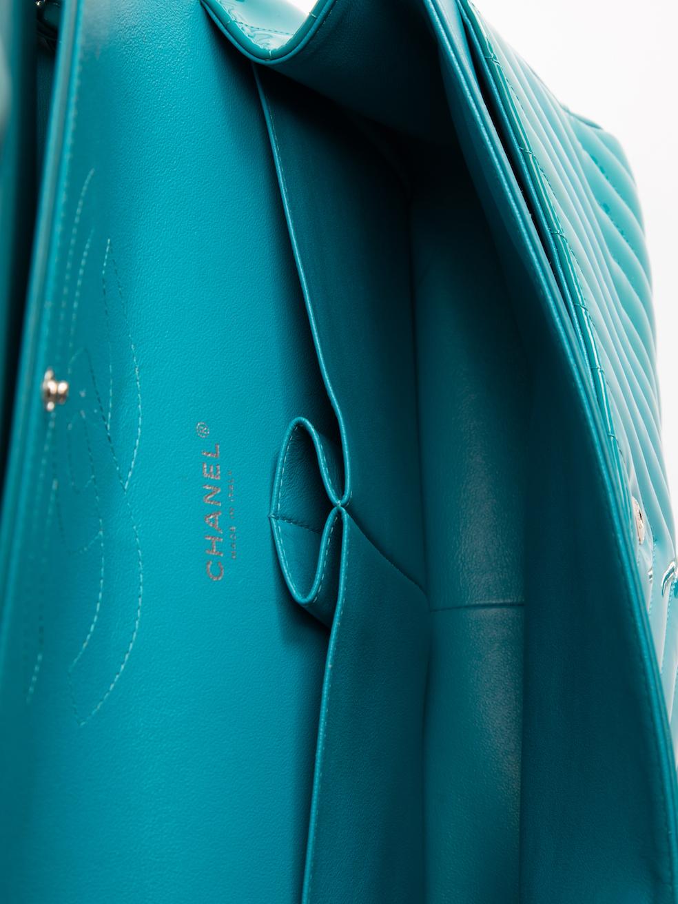 Chanel Women's 2015-16 Turquoise Chevron Patent Classic Jumbo Double Flap Bag 2