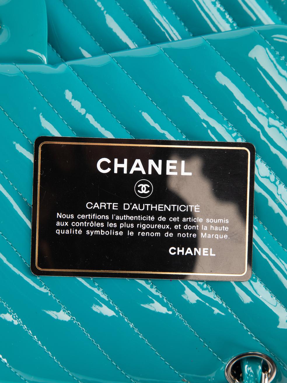 Chanel Women's 2015-16 Turquoise Chevron Patent Classic Jumbo Double Flap Bag 3