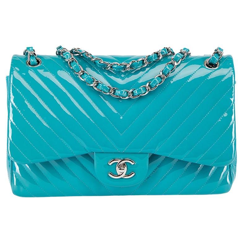 Chanel Women's 2015-16 Turquoise Chevron Patent Classic Jumbo Double Flap Bag