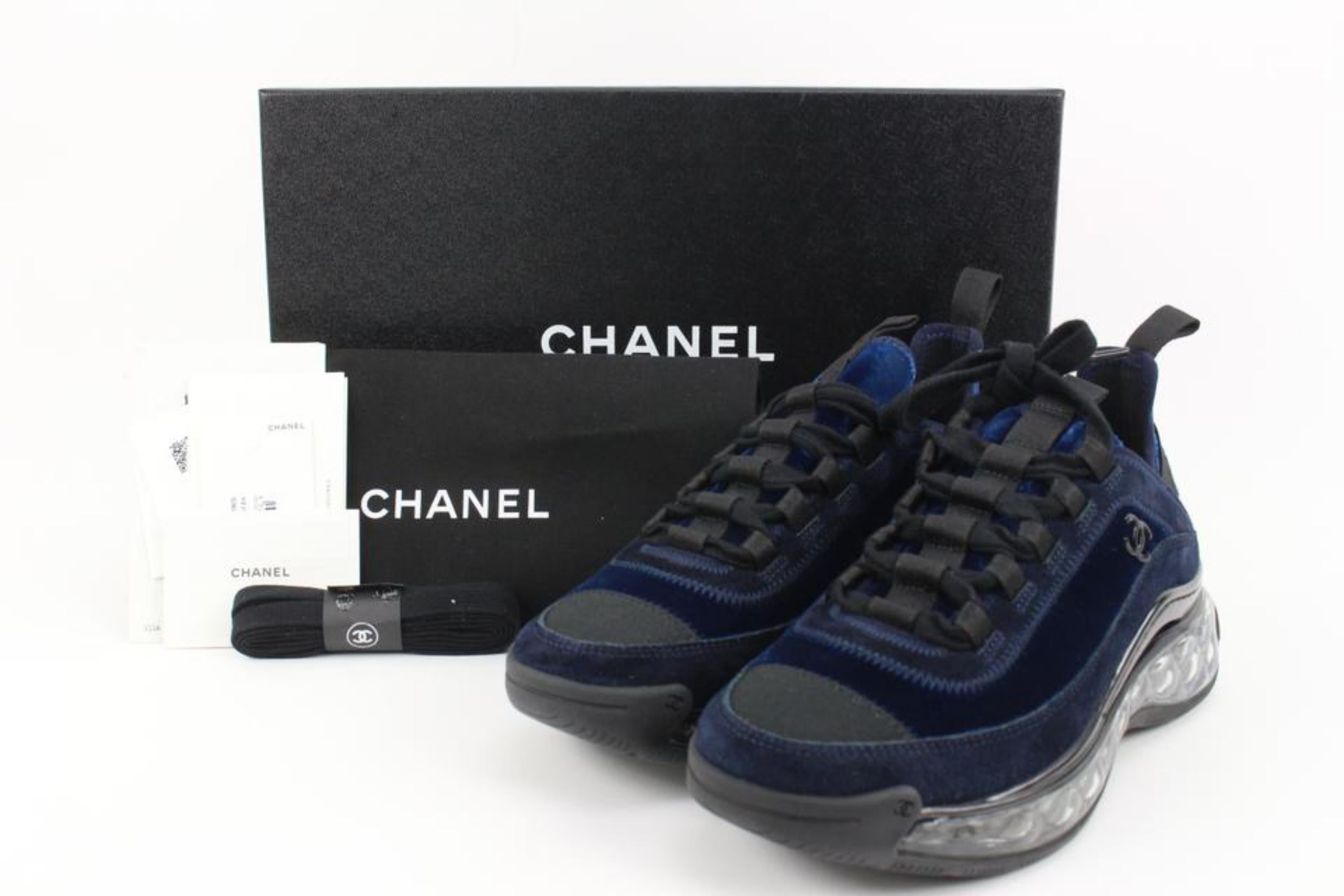 Chanel Women's 20A Blue Velvet Quilted Clear Platform Bubble Sneakers 44c217s
Date Code/Serial Number: L G36299
Made In: Italy
Measurements: Length:  10.75