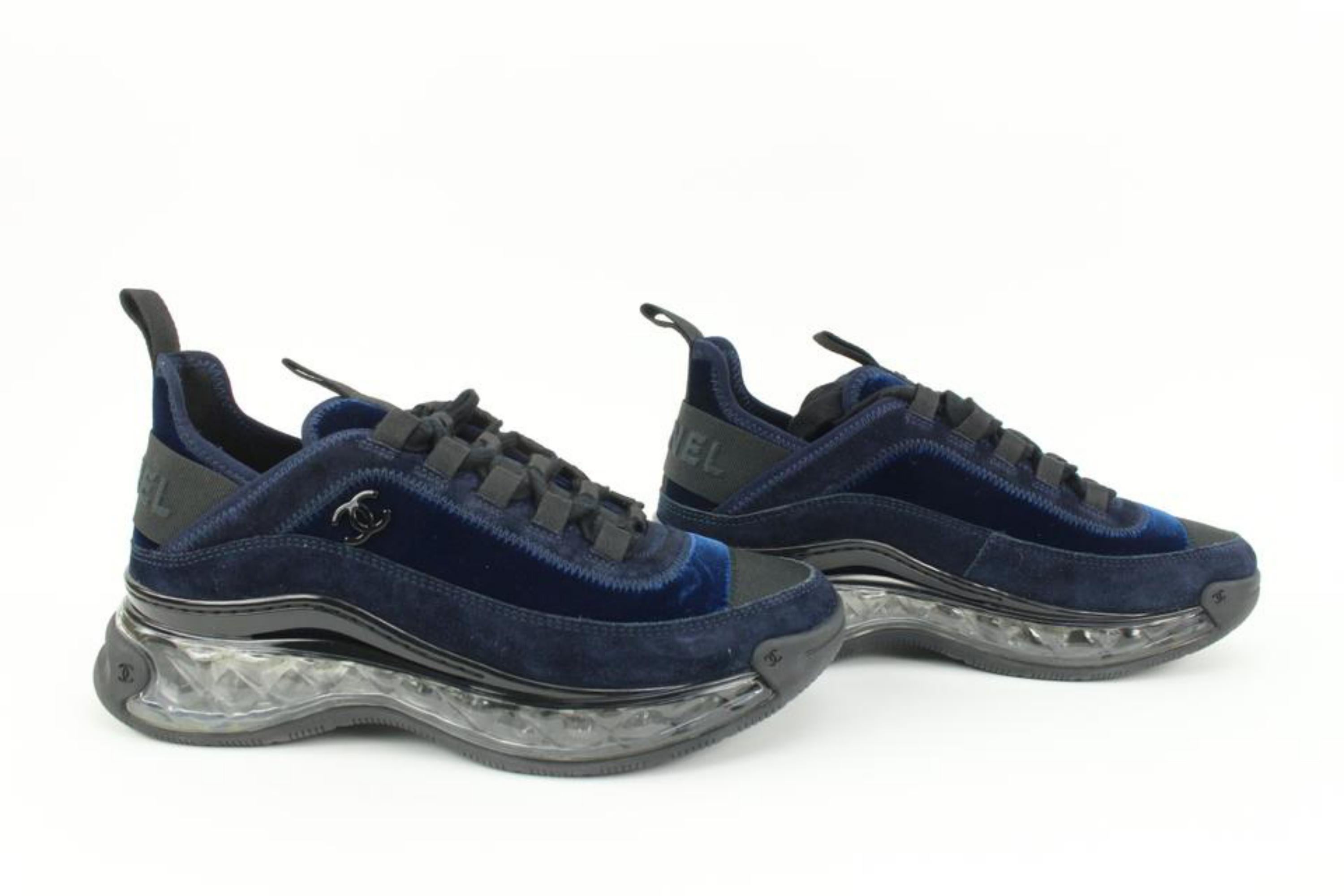 Black Chanel Women's 20A Blue Velvet Quilted Clear Platform Bubble Sneakers 44c217s