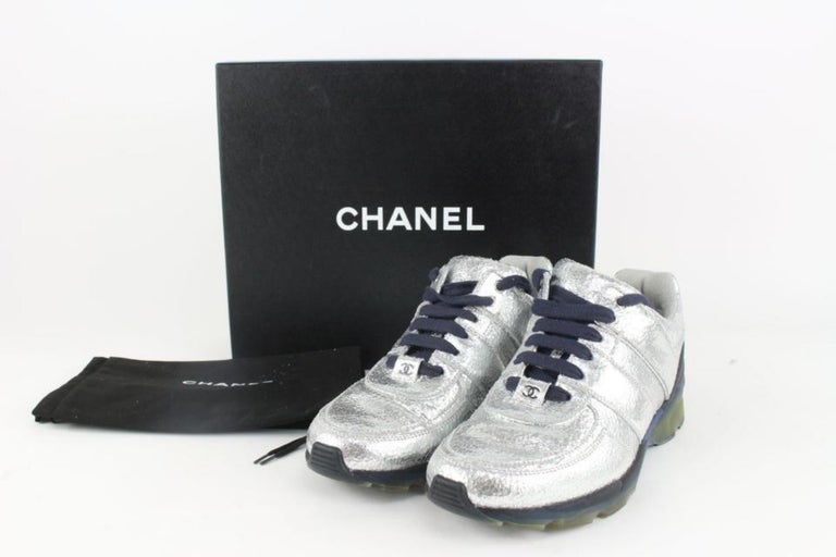 Chanel Women's 38 G31711 Silver Quilted CC Trainer Sneaker 2CC1116