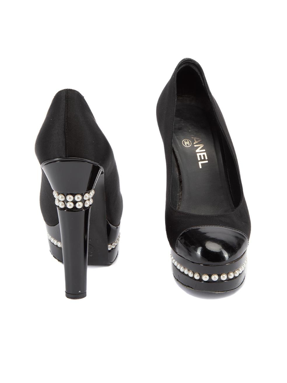 Chanel Women's Black Cap Toe Pearl Accent Platform Heels In Excellent Condition For Sale In London, GB