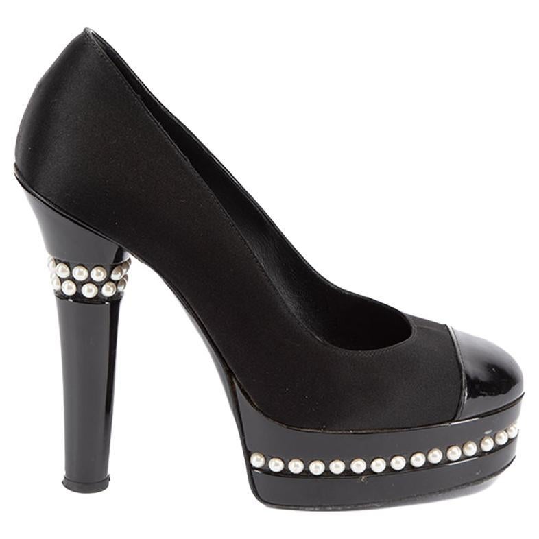 Chanel Women's Black Cap Toe Pearl Accent Platform Heels For Sale at 1stDibs