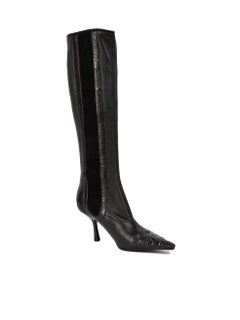 Chanel Women's Black Leather CC Alligator Cap Toe Knee Boots