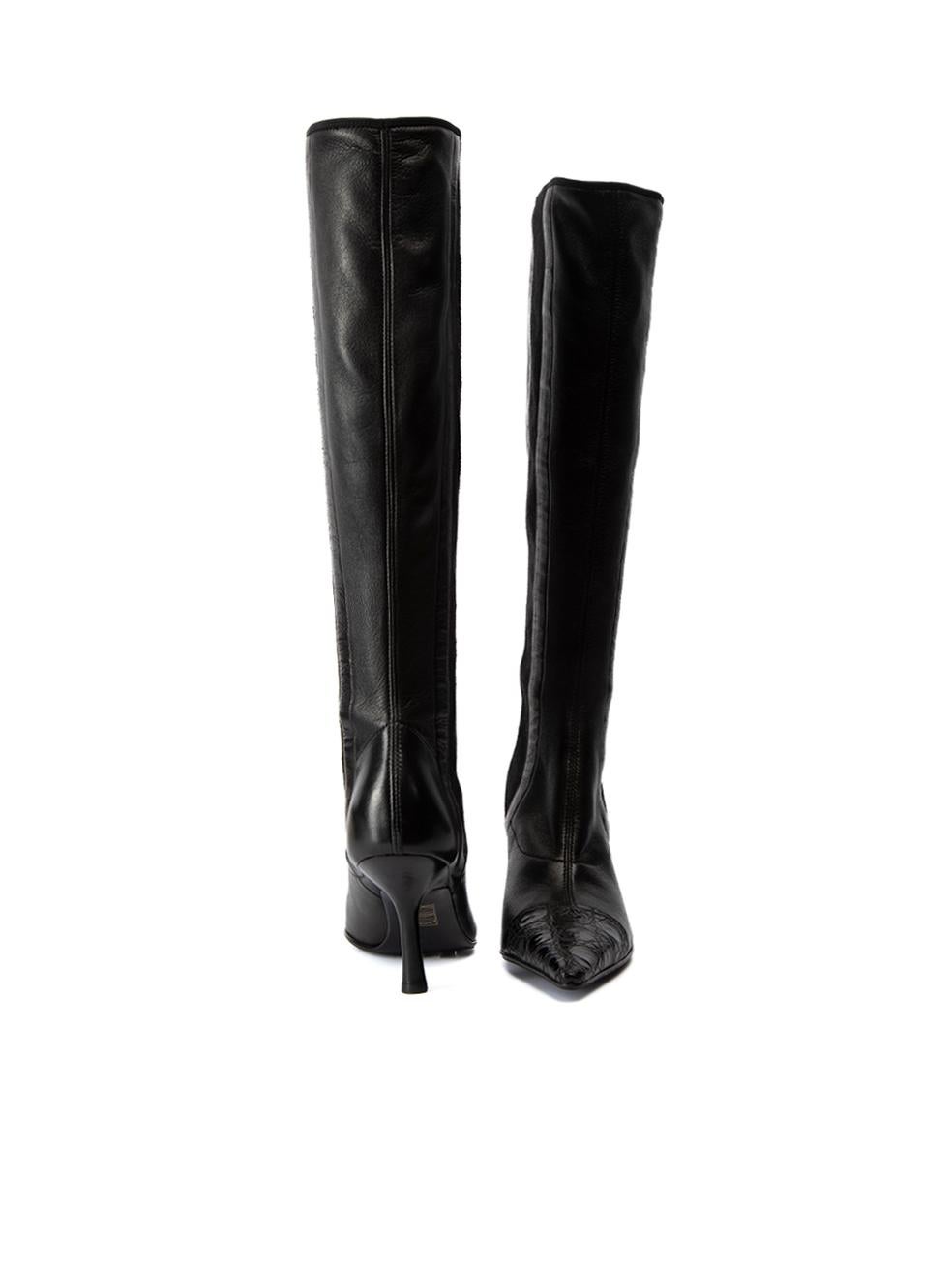 Chanel Women's Black Leather CC Alligator Cap Toe Knee Boots In Good Condition In London, GB
