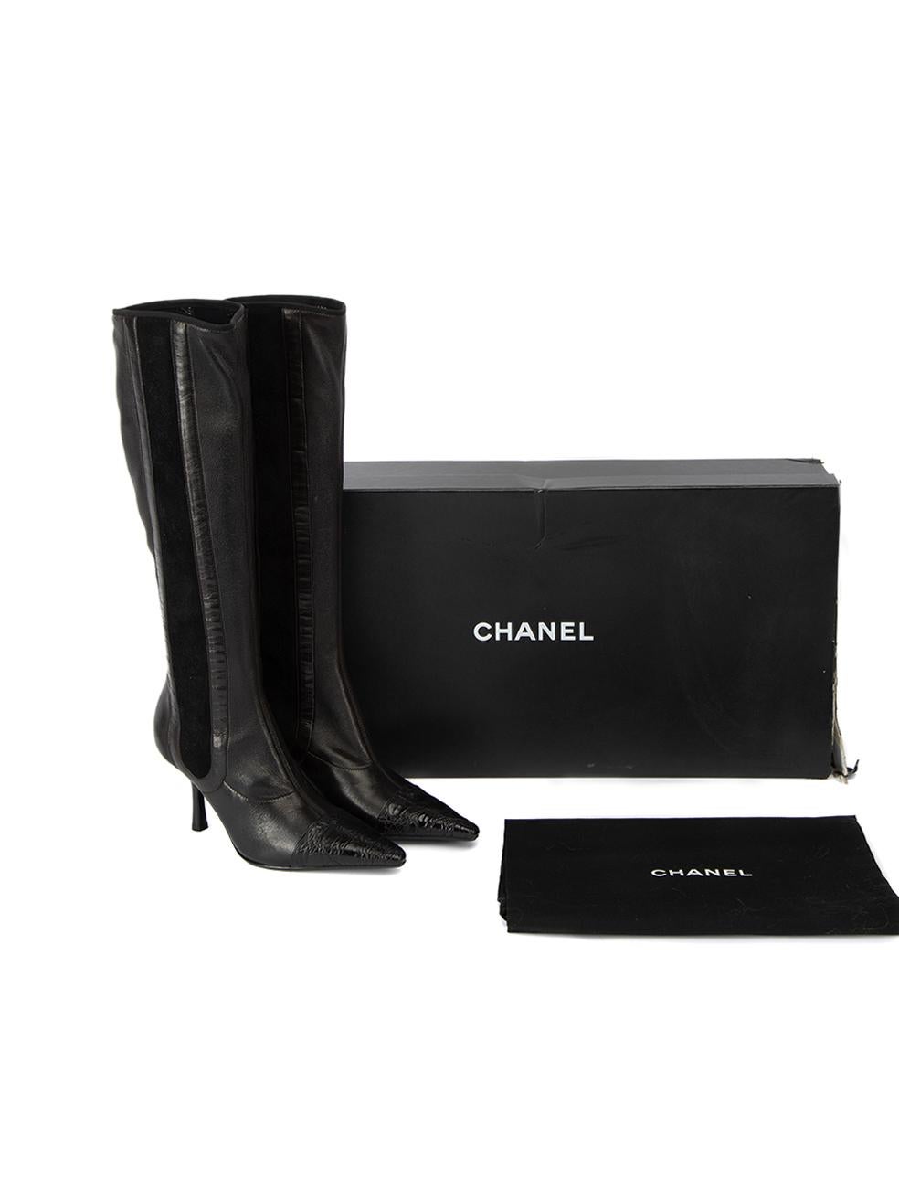 Chanel Women's Black Leather CC Alligator Cap Toe Knee Boots 2