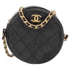 Chanel Damen-Clutch aus schwarzem Leder mit runder Kette