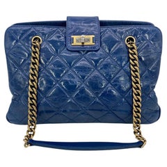 Chanel Women's Blue Quilted Glazed Calfskin Tote Bag with Brass Hardware
