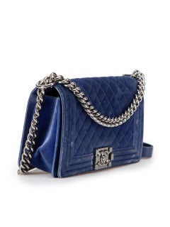 Chanel Women's Blue Velvet Medium Gun Metal Hardware Boy Bag