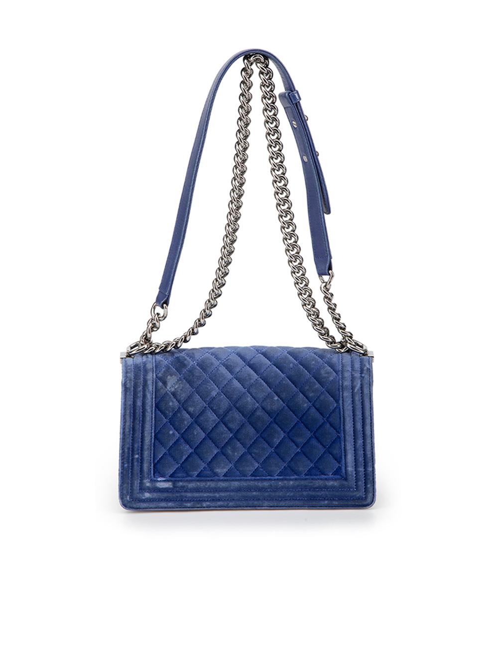 Chanel Women's Blue Velvet Medium Gun Metal Hardware Boy Bag In Good Condition In London, GB