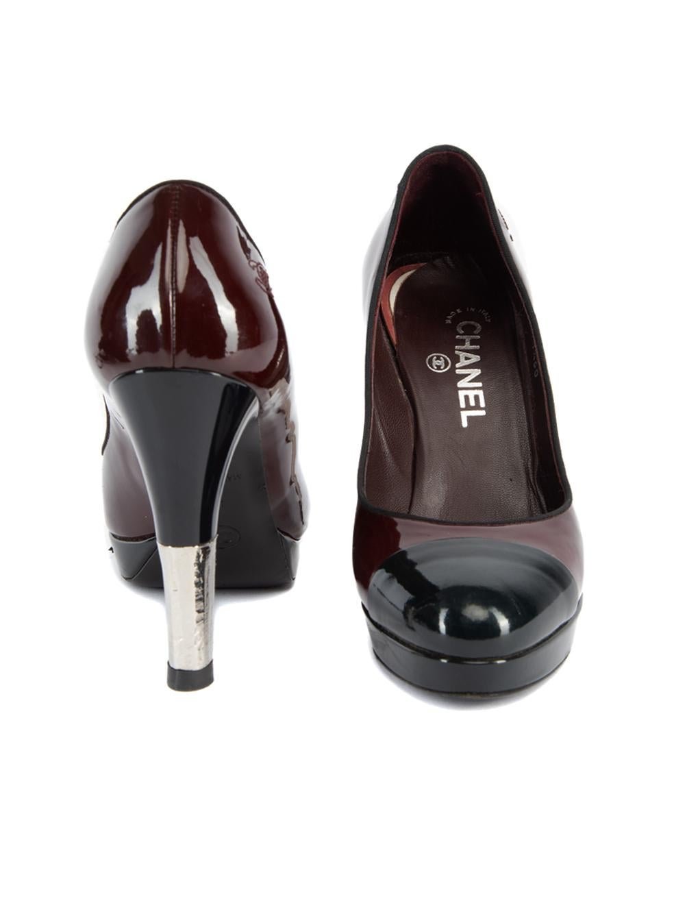 Chanel Women's Burgundy Patent Leather Metal Accent Heel In Excellent Condition For Sale In London, GB