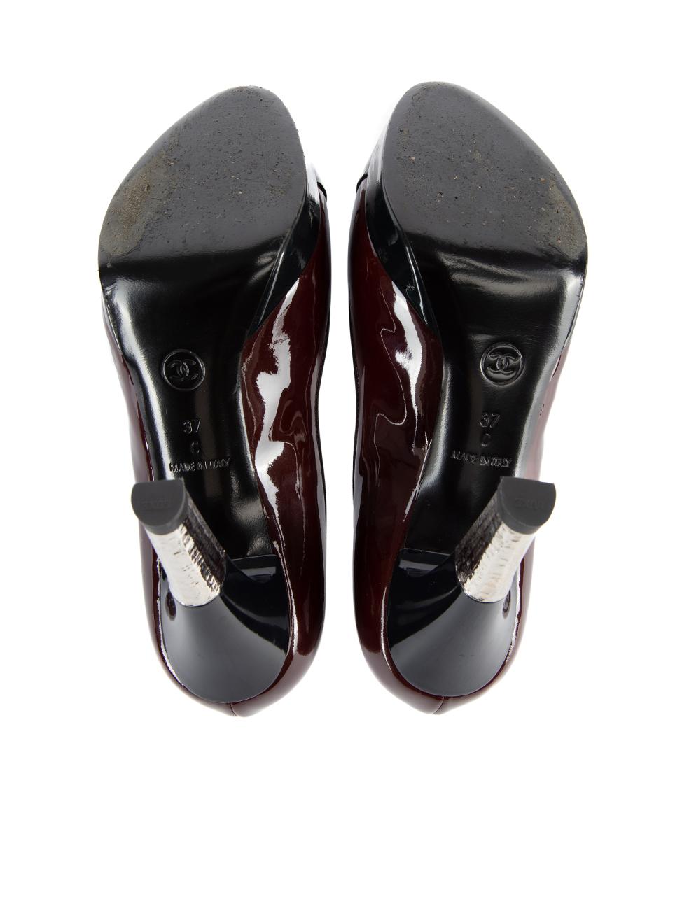 Chanel Women's Burgundy Patent Leather Metal Accent Heel For Sale 1