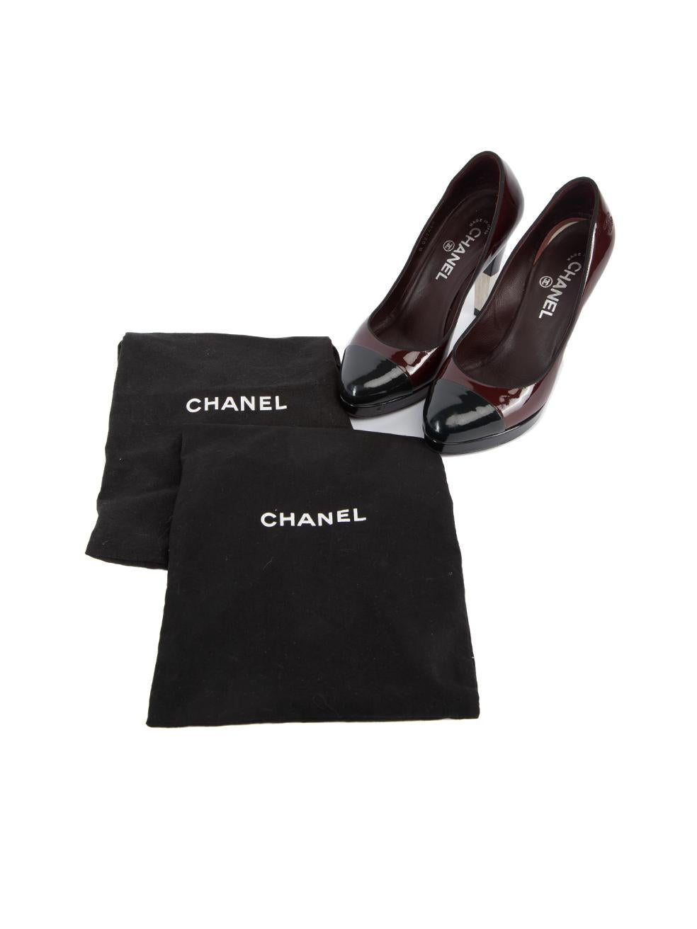 Chanel Women's Burgundy Patent Leather Metal Accent Heel For Sale 2