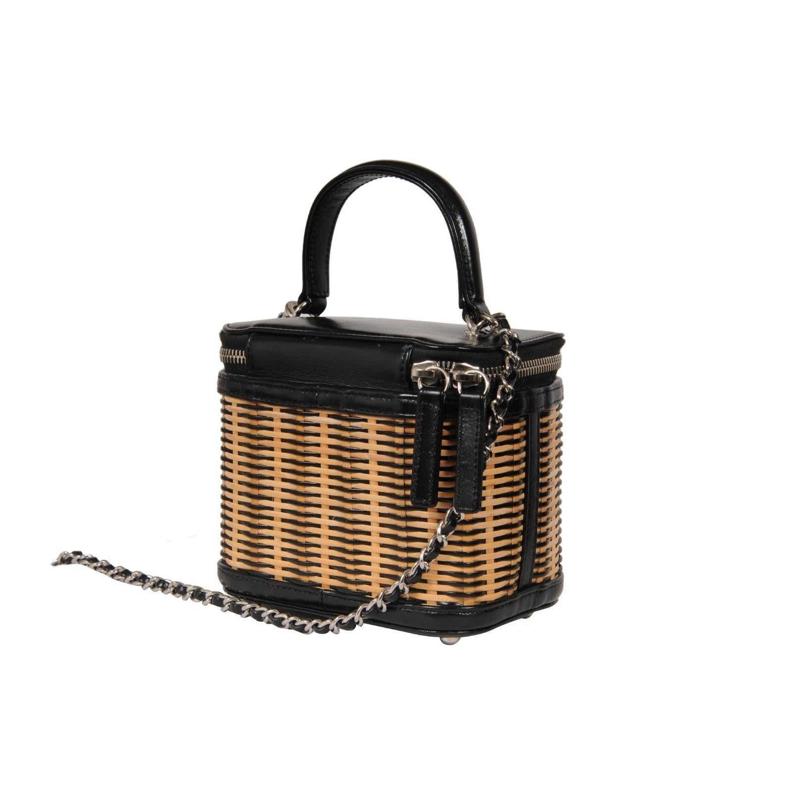 Chanel Womens Calfskin Raffia Small Vanity Case Bag Black Beige Crossbody Tote For Sale 6