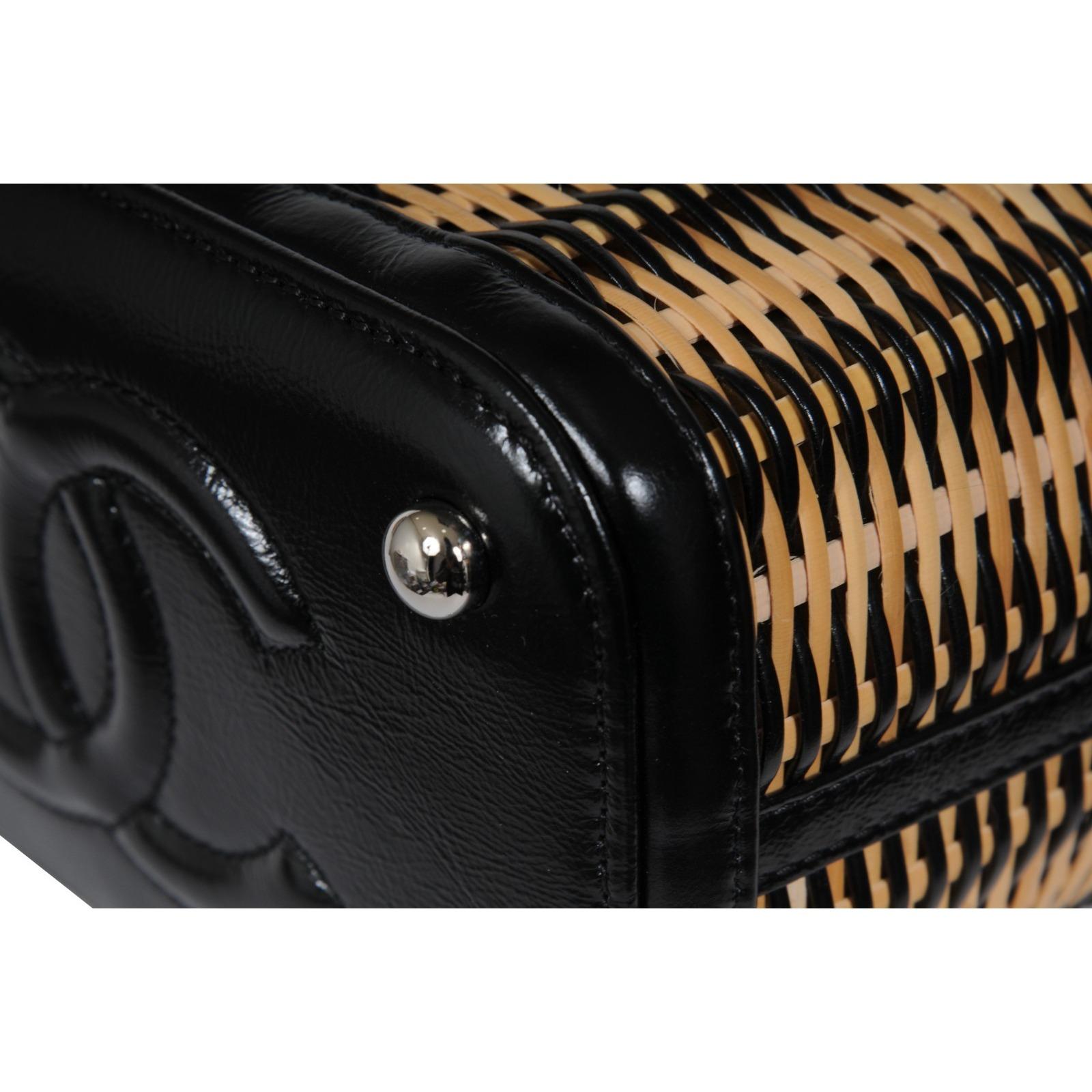 Chanel Womens Calfskin Raffia Small Vanity Case Bag Black Beige Crossbody Tote For Sale 11