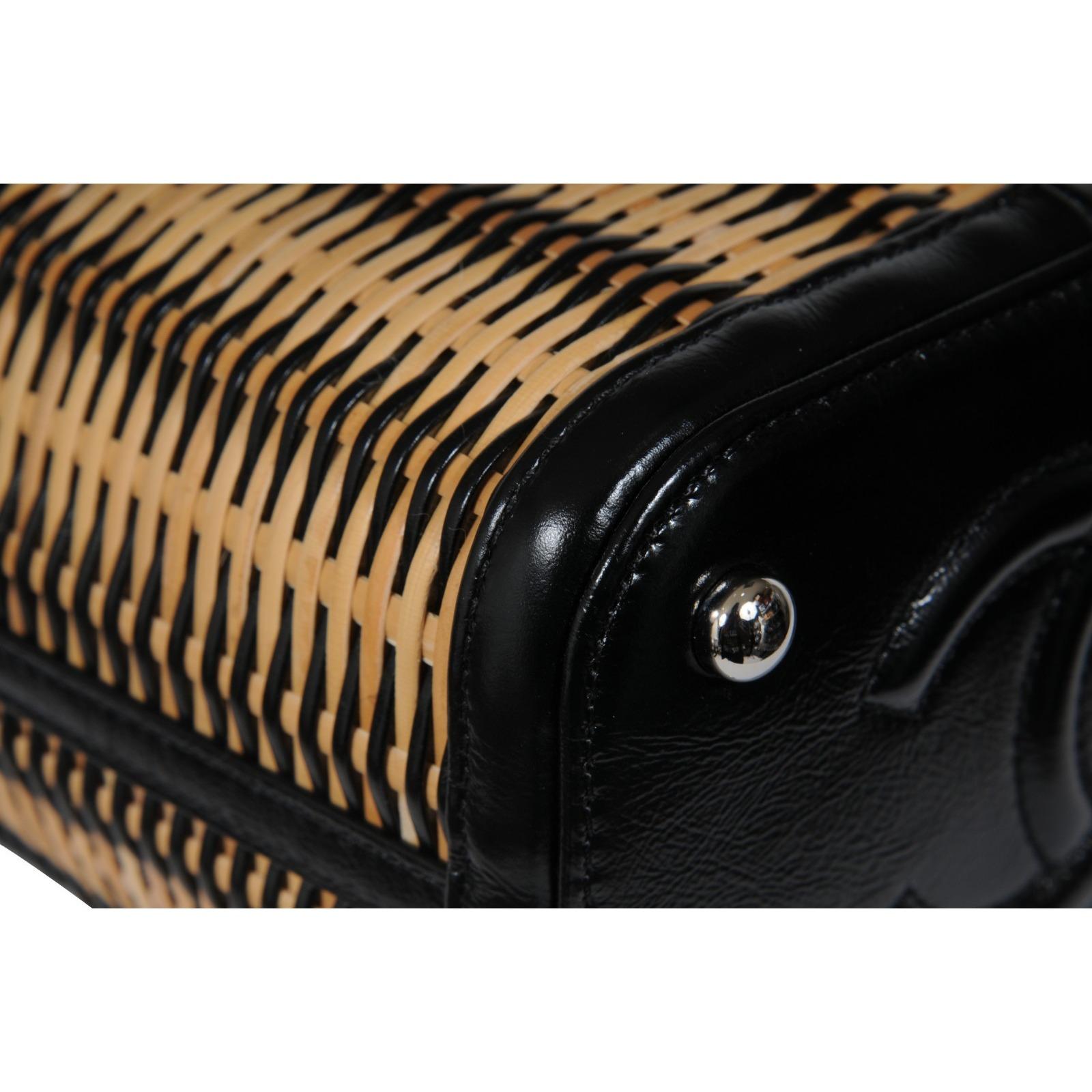 Chanel Womens Calfskin Raffia Small Vanity Case Bag Black Beige Crossbody Tote For Sale 12