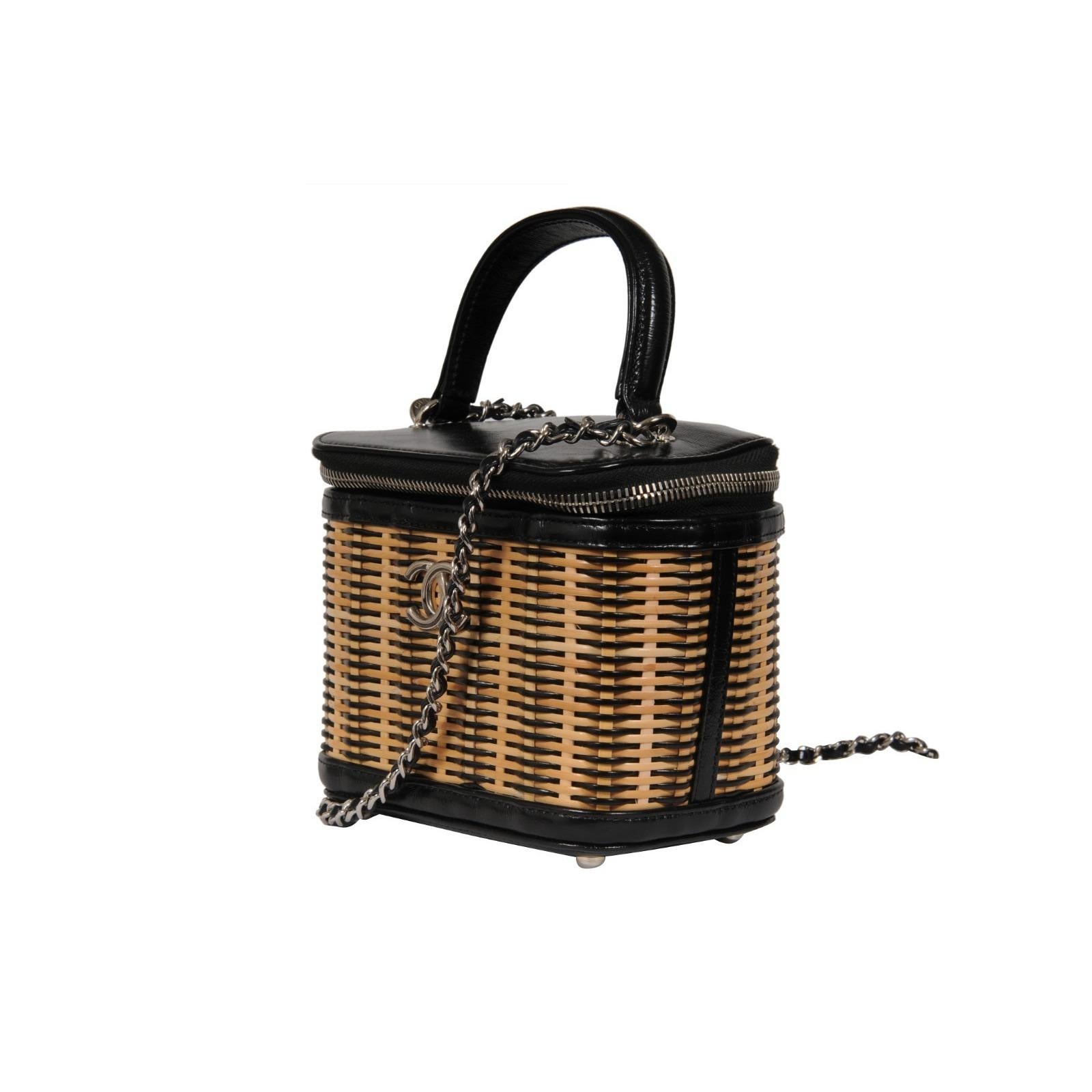 Women's or Men's Chanel Womens Calfskin Raffia Small Vanity Case Bag Black Beige Crossbody Tote For Sale