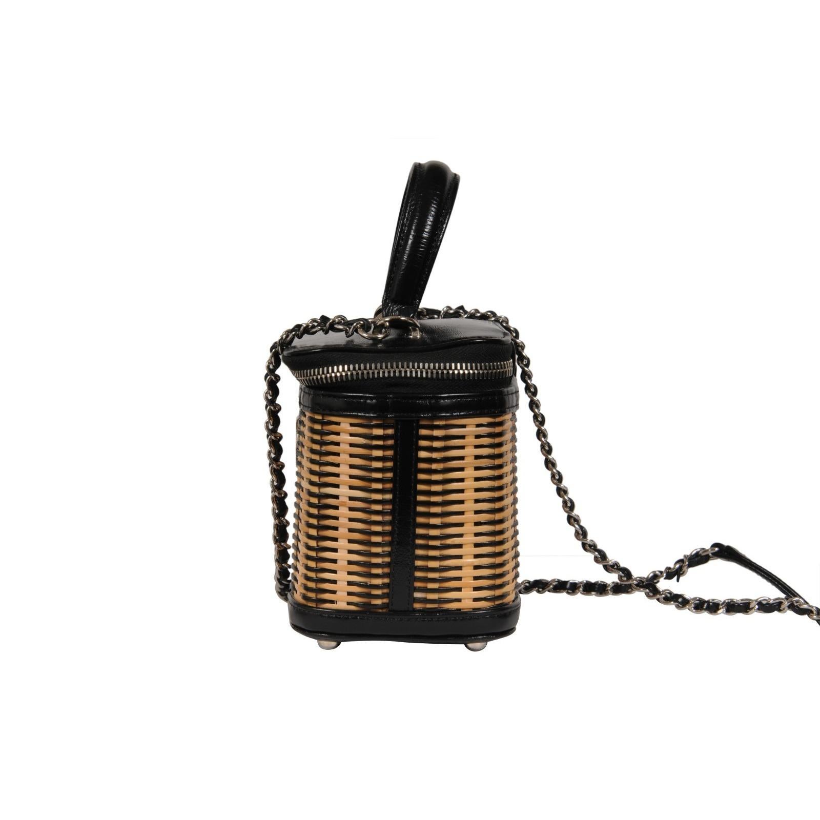 Chanel Womens Calfskin Raffia Small Vanity Case Bag Black Beige Crossbody Tote For Sale 1
