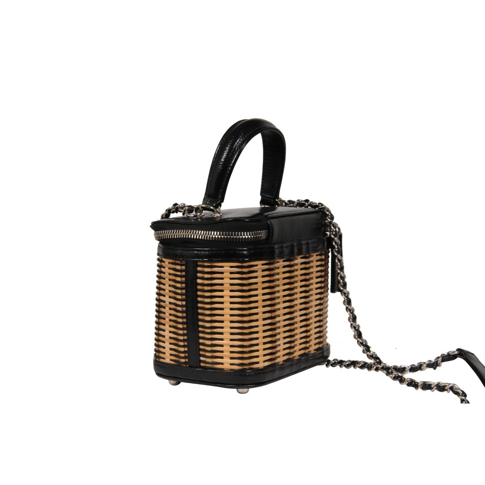 Chanel Womens Calfskin Raffia Small Vanity Case Bag Black Beige Crossbody Tote For Sale 2