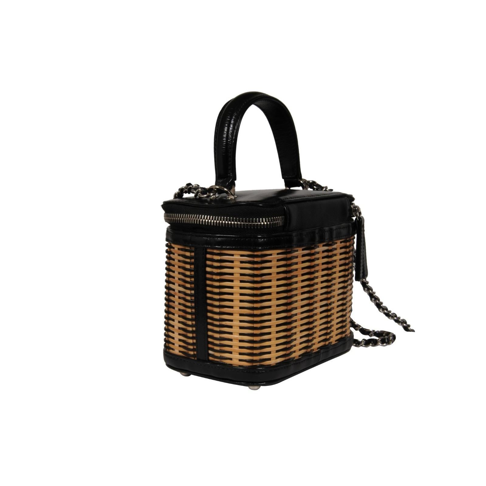 Chanel Womens Calfskin Raffia Small Vanity Case Bag Black Beige Crossbody Tote For Sale 4