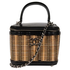 Chanel Womens Calfskin Raffia Small Vanity Case Bag Black Beige Crossbody Tote