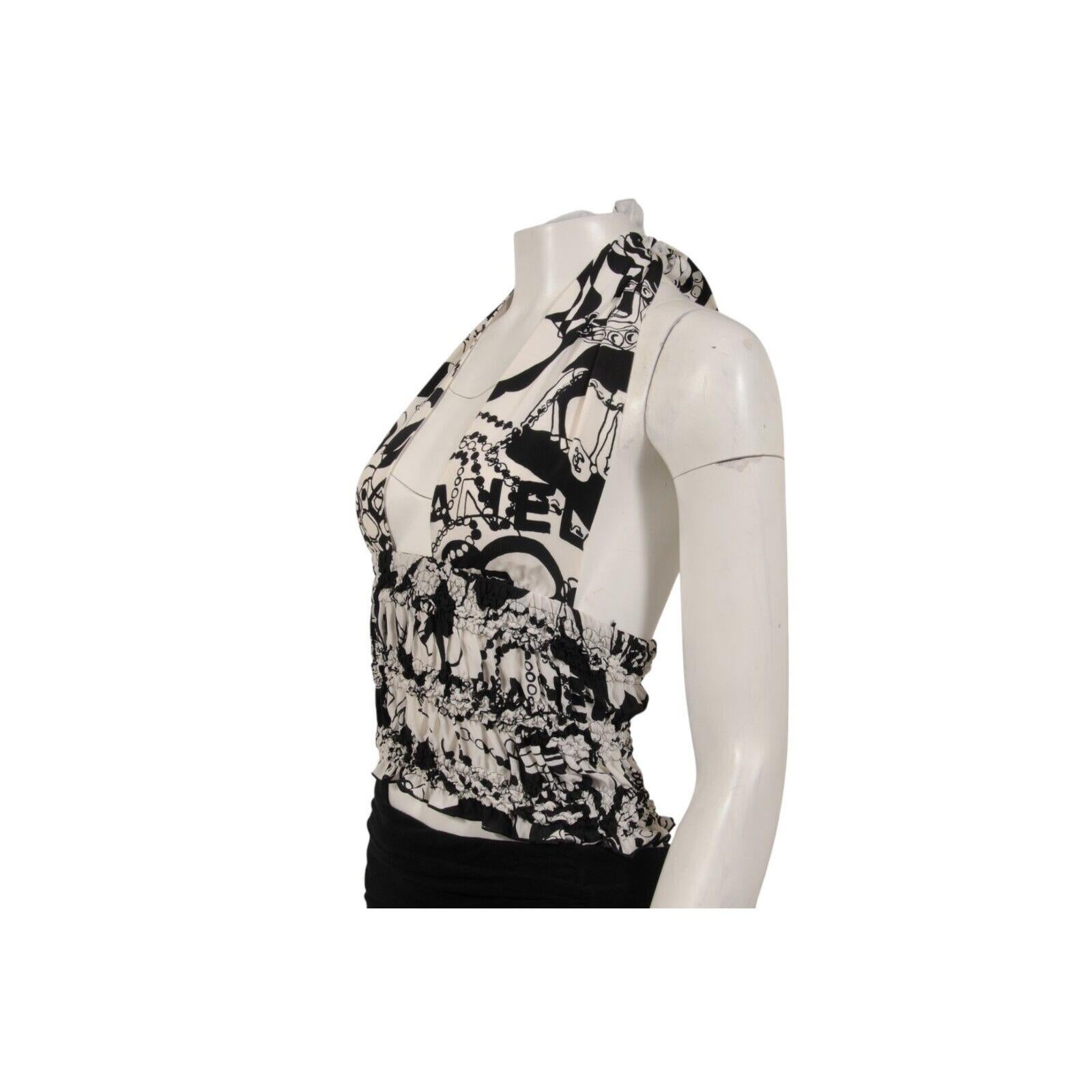 Chanel Damen CC Logo 22C Print Halter Top Größe IT 38 Weiß Schwarz Seide Bluse im Zustand „Hervorragend“ im Angebot in North Miami, FL
