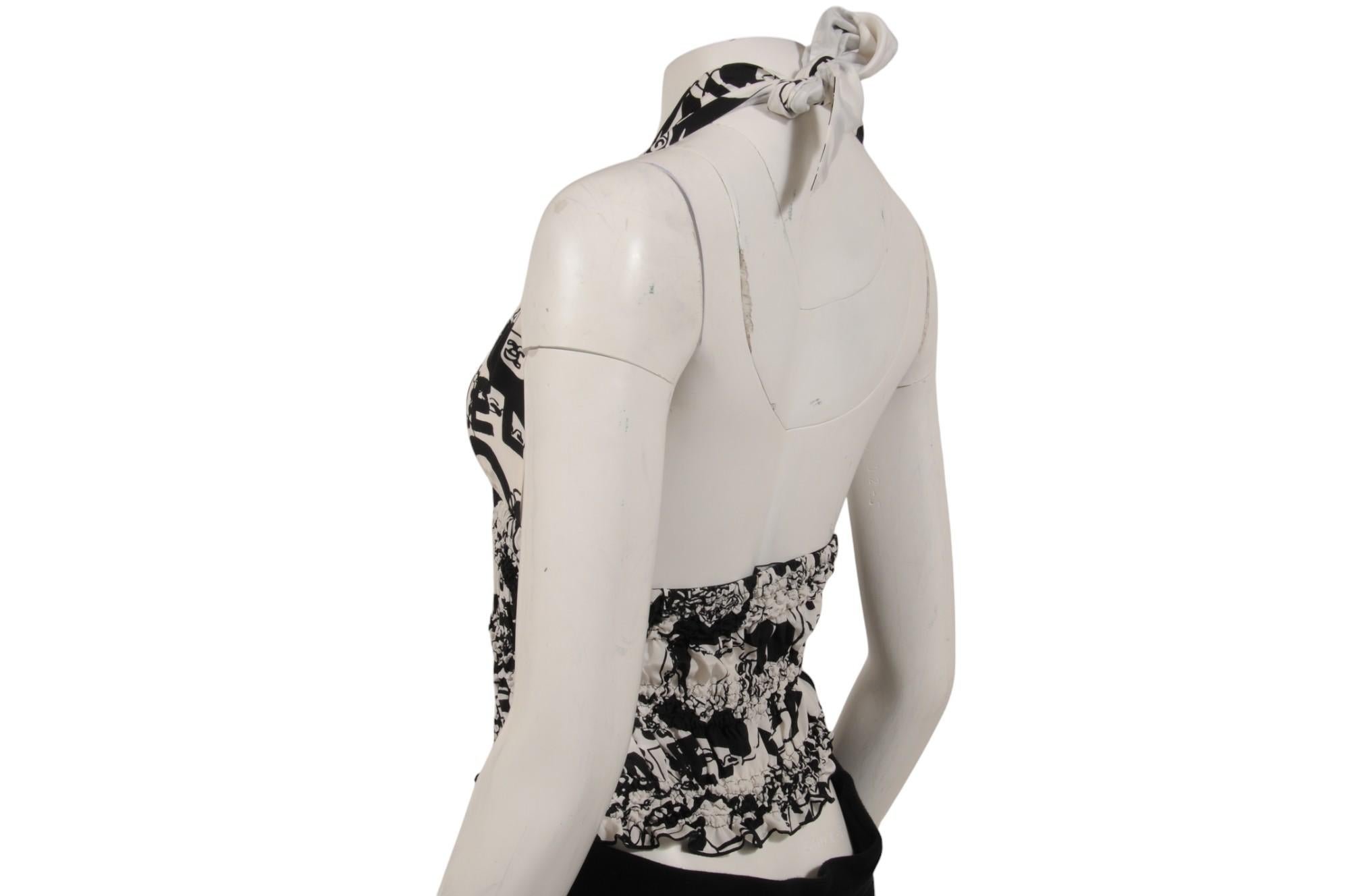 Chanel Damen CC Logo 22C Print Halter Top Größe IT 38 Weiß Schwarz Seide Bluse im Zustand „Hervorragend“ im Angebot in North Miami, FL