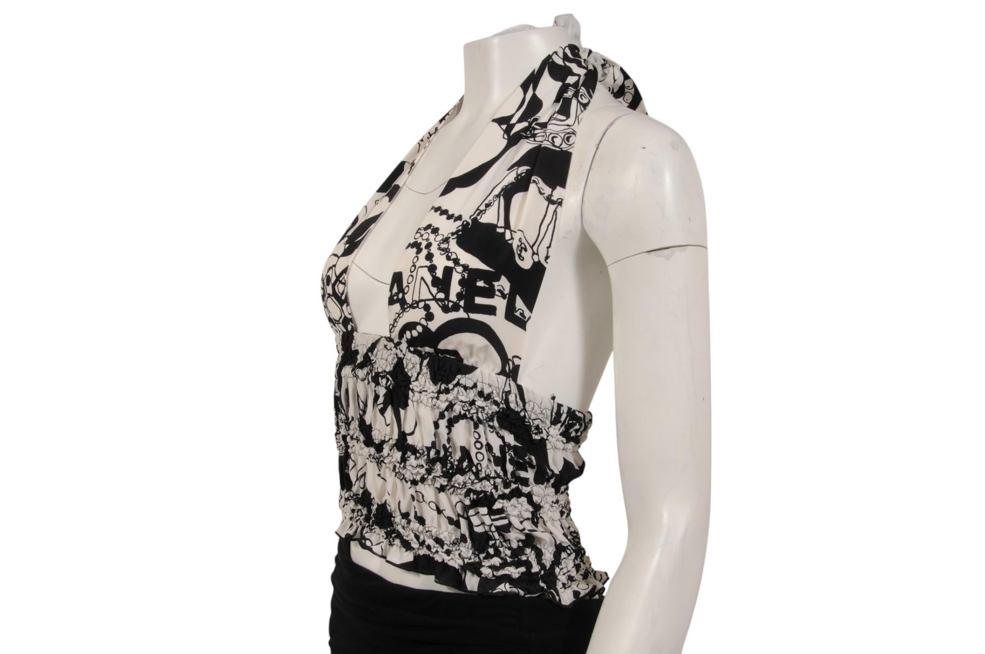 Chanel Damen CC Logo 22C Print Halter Top Größe IT 38 Weiß Schwarz Seide Bluse im Angebot 1