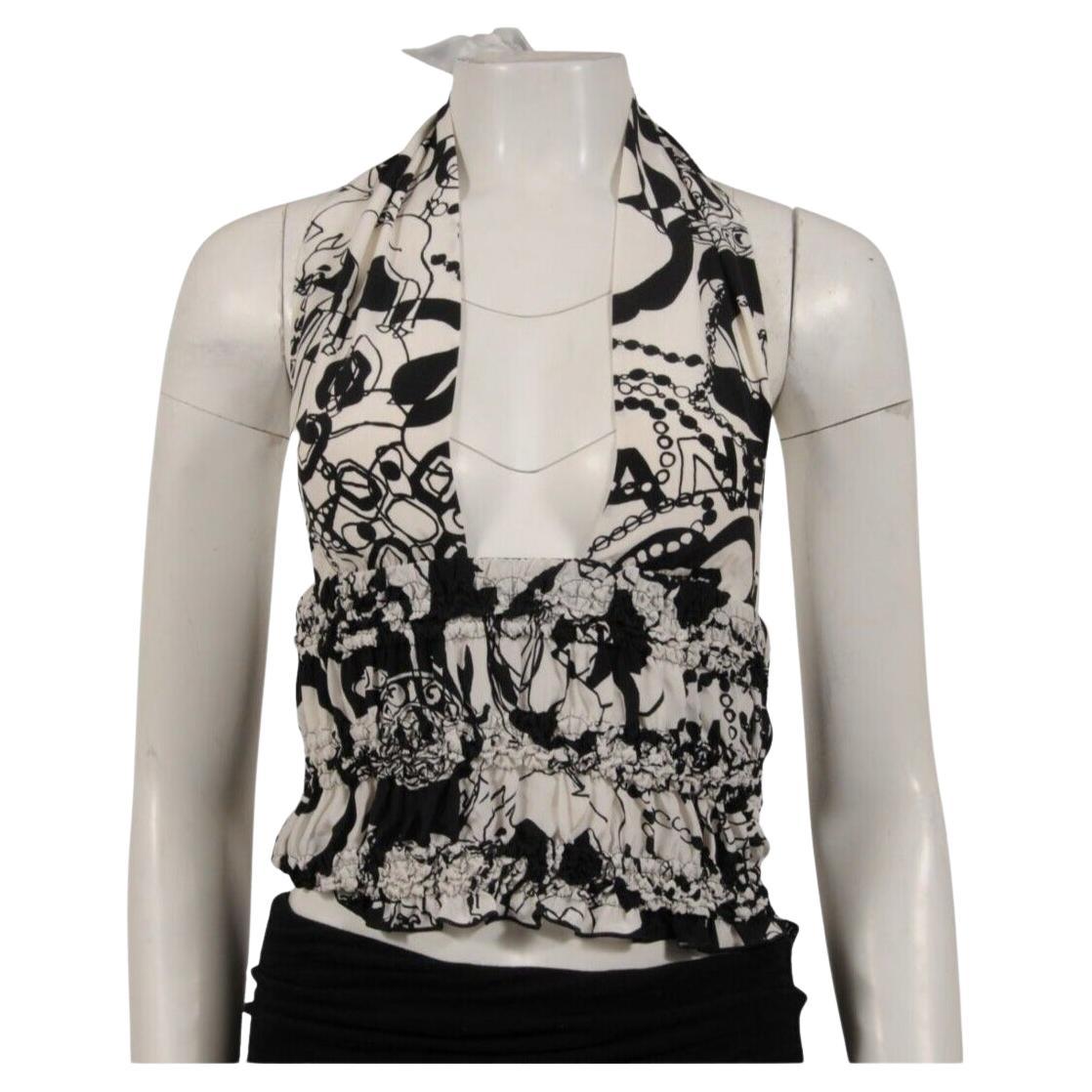 Chanel Damen CC Logo 22C Print Halter Top Größe IT 38 Weiß Schwarz Seide Bluse im Angebot