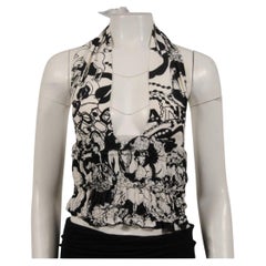 Chanel Damen CC Logo 22C Print Halter Top Größe IT 38 Weiß Schwarz Seide Bluse