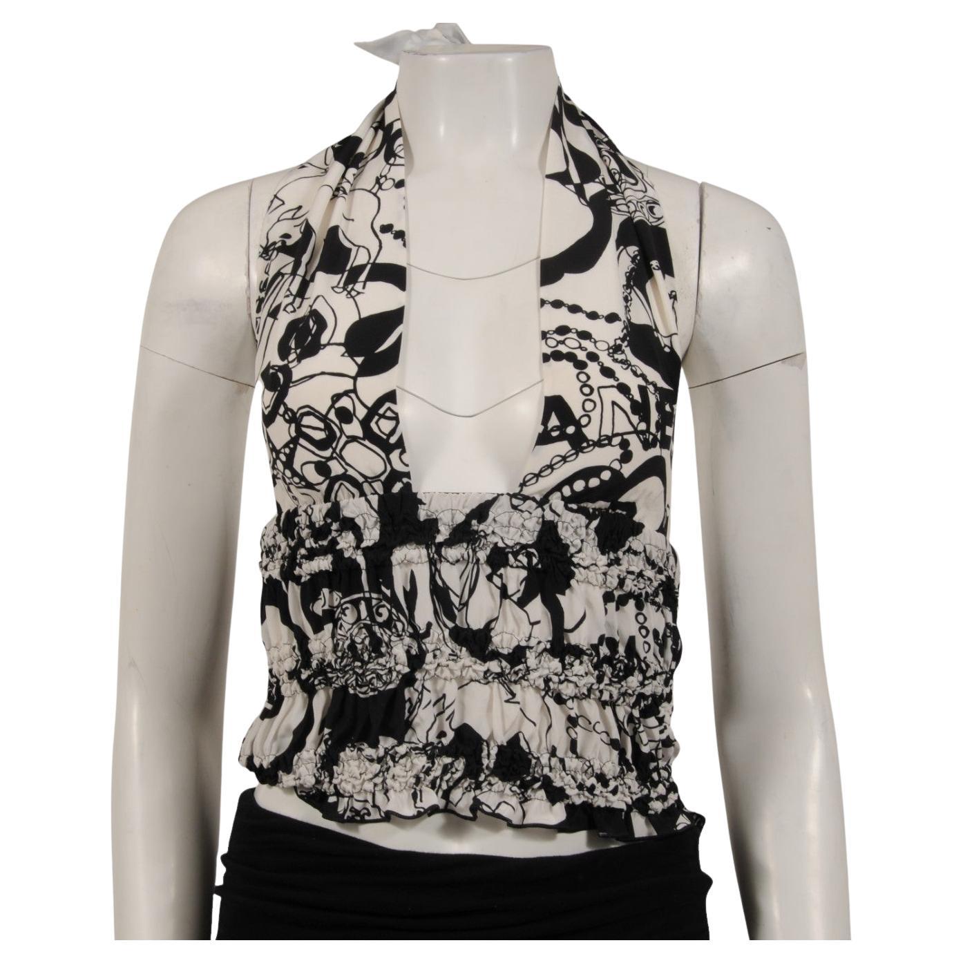 Chanel Damen CC Logo 22C Print Halter Top Größe IT 38 Weiß Schwarz Seide Bluse im Angebot