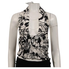 Chanel Womens CC Logo 22C Print Halter Top Size IT 38 White Black Silk Blouse